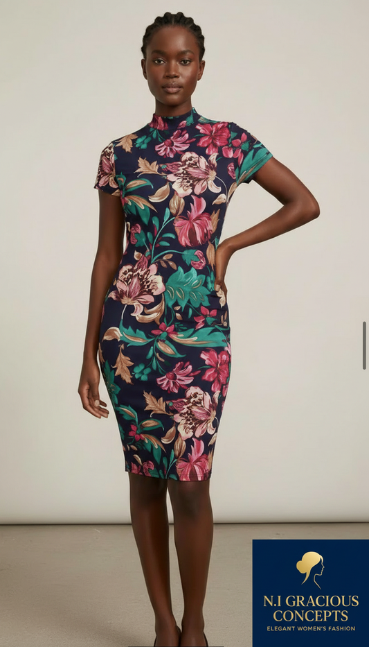 Floral High-Neck Bodycon Dress