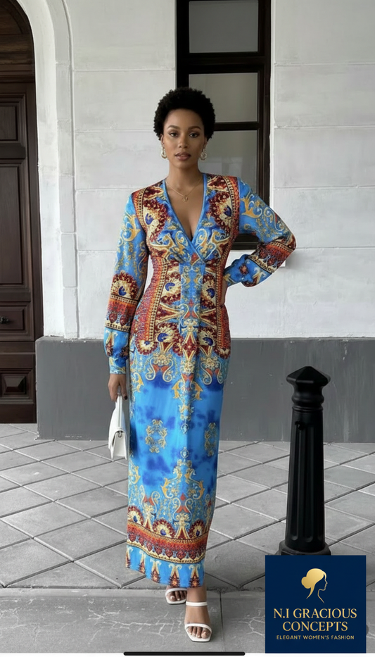 Royal Print Long Sleeve Maxi Dress