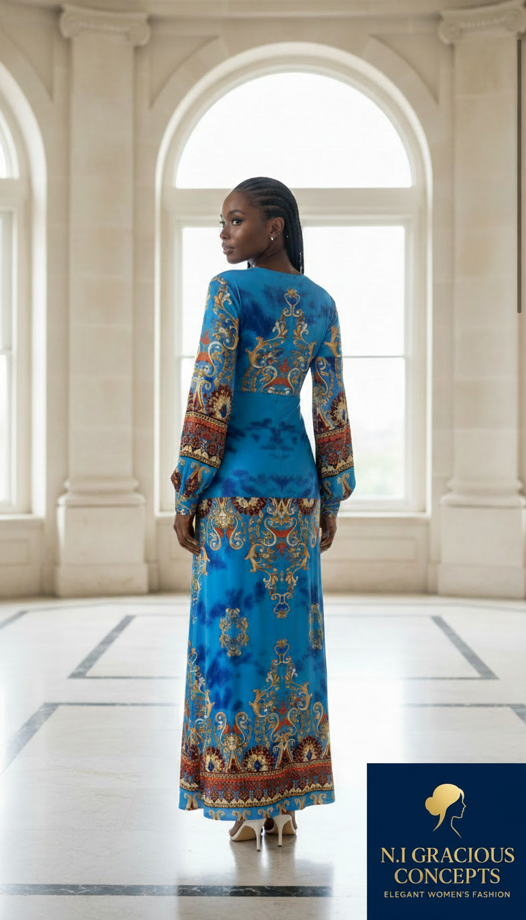 Royal Print Long Sleeve Maxi Dress
