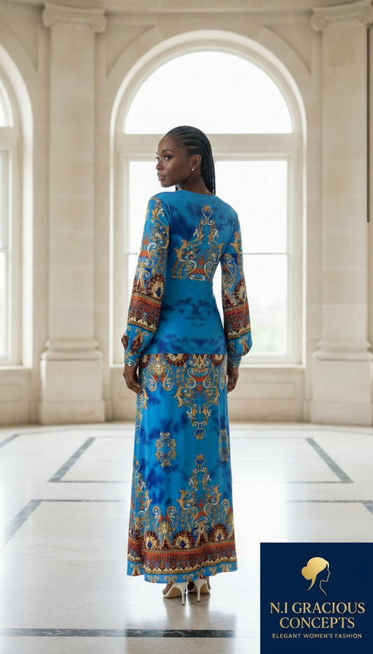 Royal Print Long Sleeve Maxi Dress