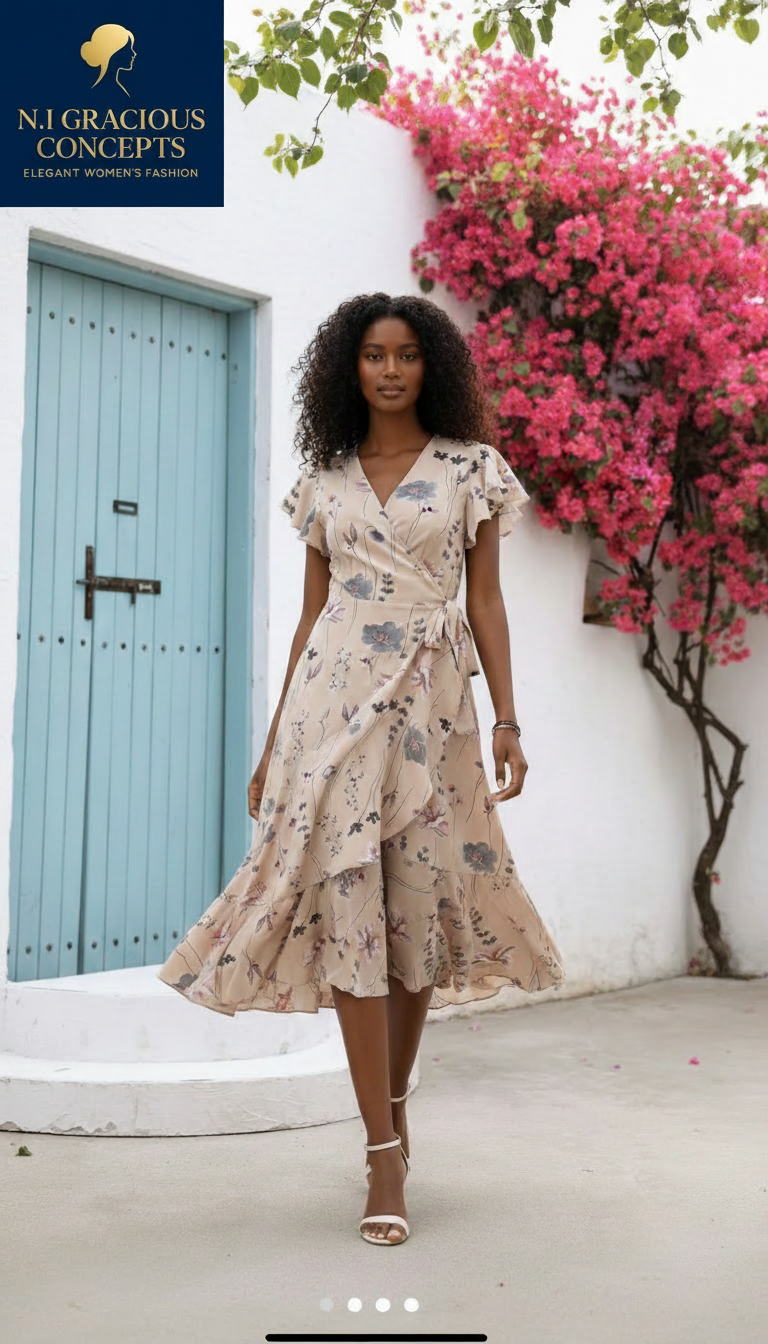 Beige Floral Wrap Midi Dress