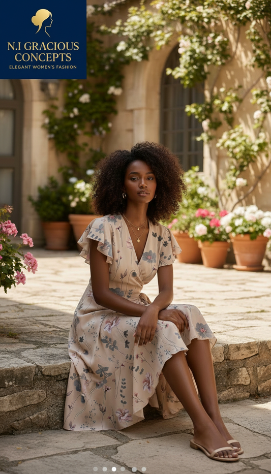 Beige Floral Wrap Midi Dress
