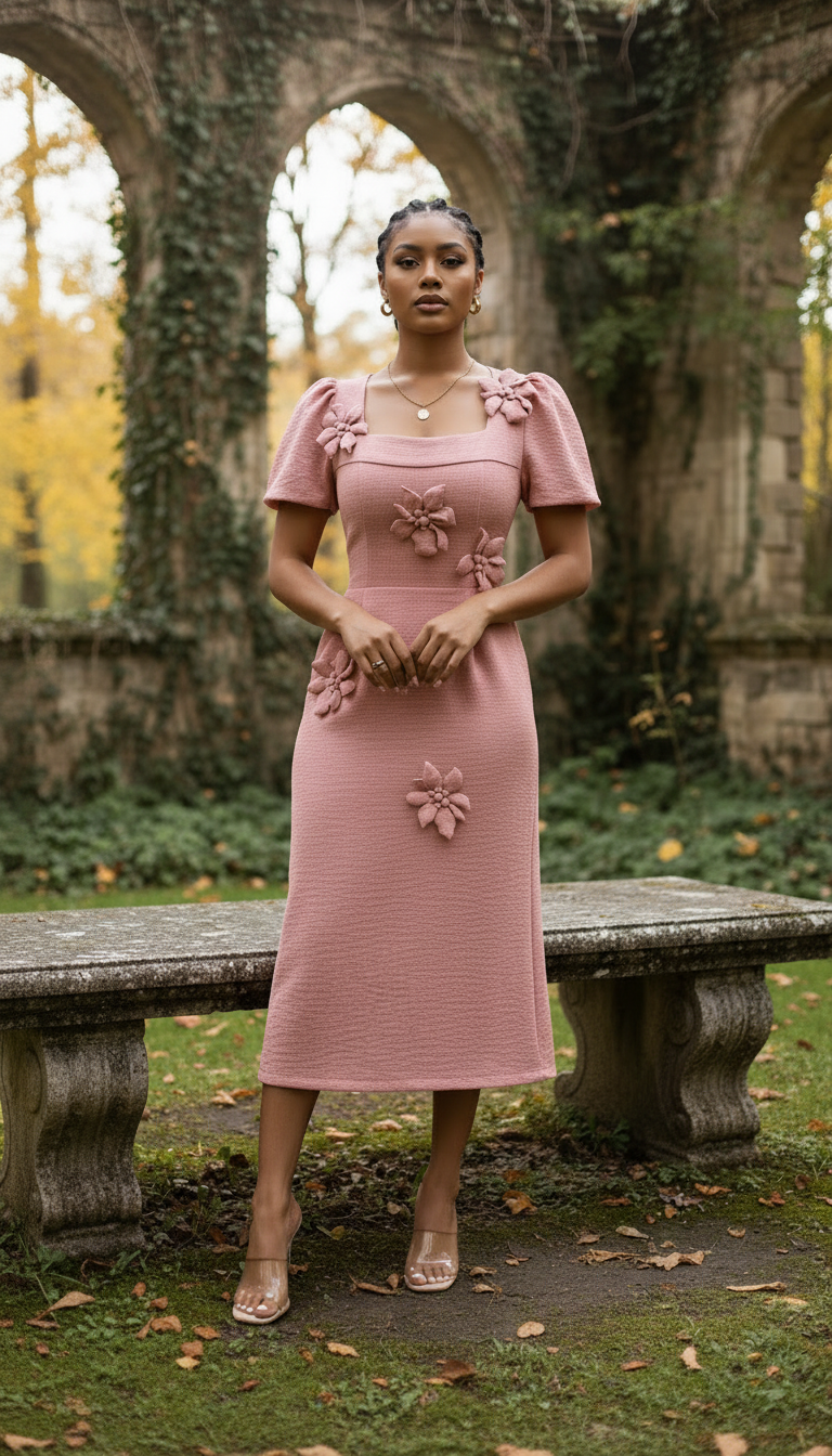 Rose Textured Floral Appliqué Midi Dress