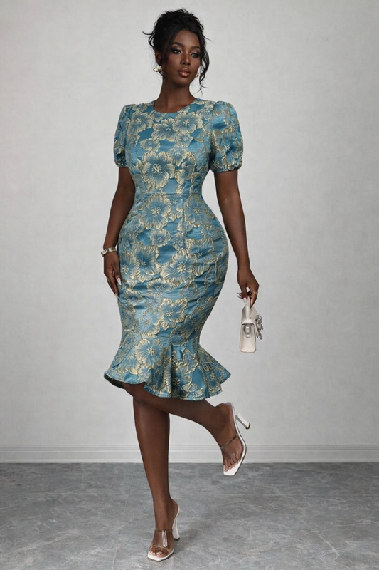 Elegant Blue & Gold Floral Puff Sleeve Midi Dress