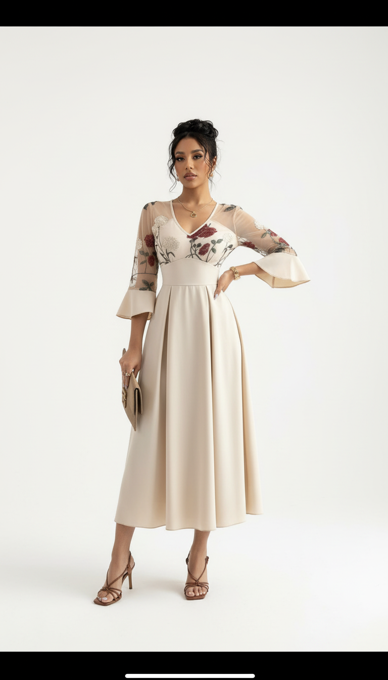 Ivory Floral Embroidered Midi Dress