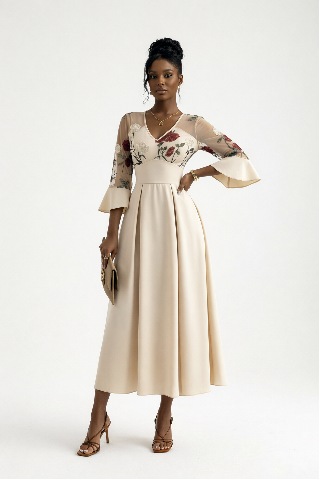 Ivory Floral Embroidered Midi Dress