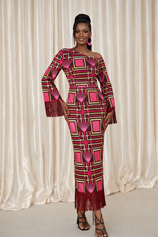 African Print Asymmetrical Fringe Maxi Dres