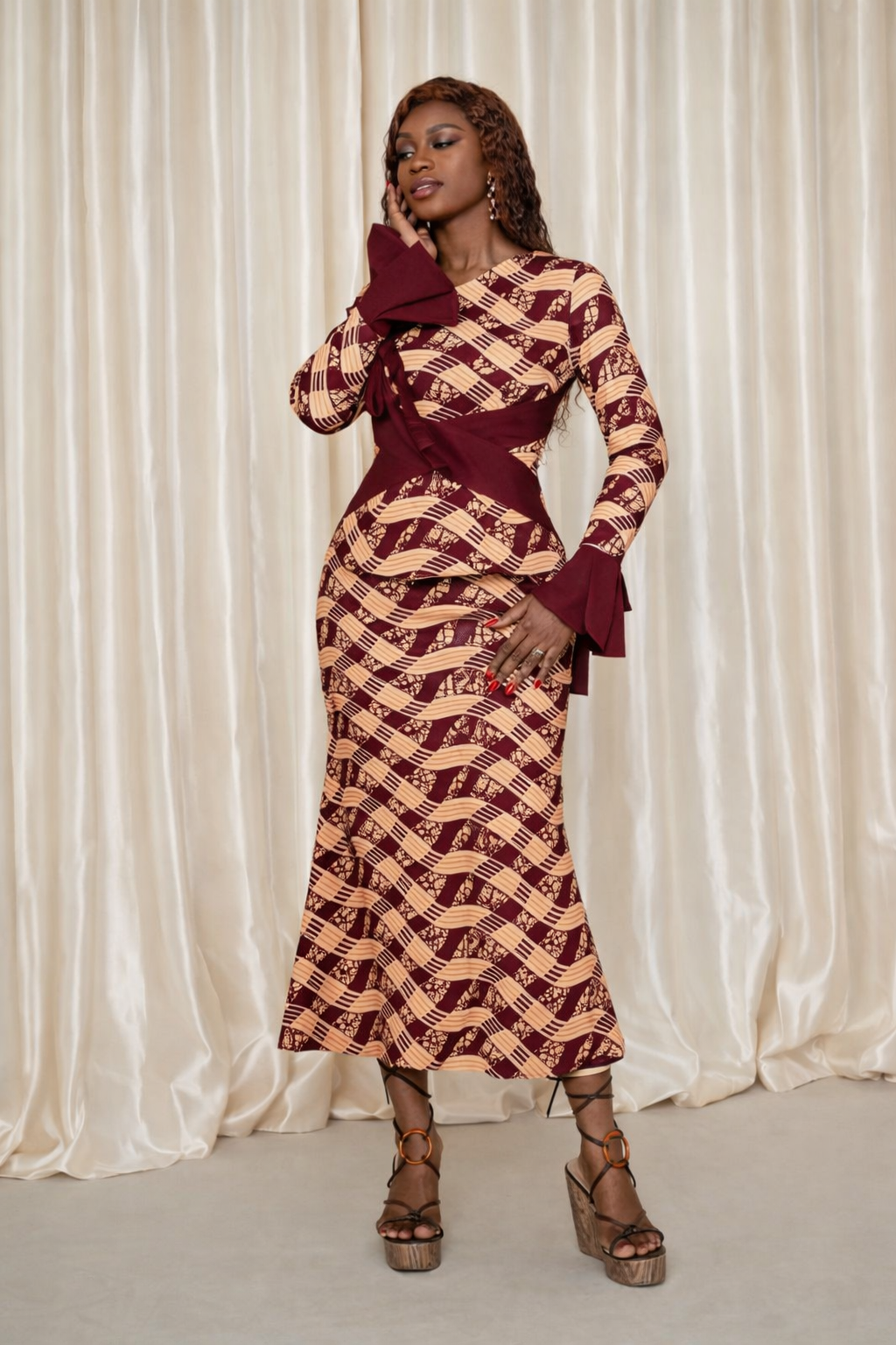 Burgundy African Print Contrast Cuff Midi Dress