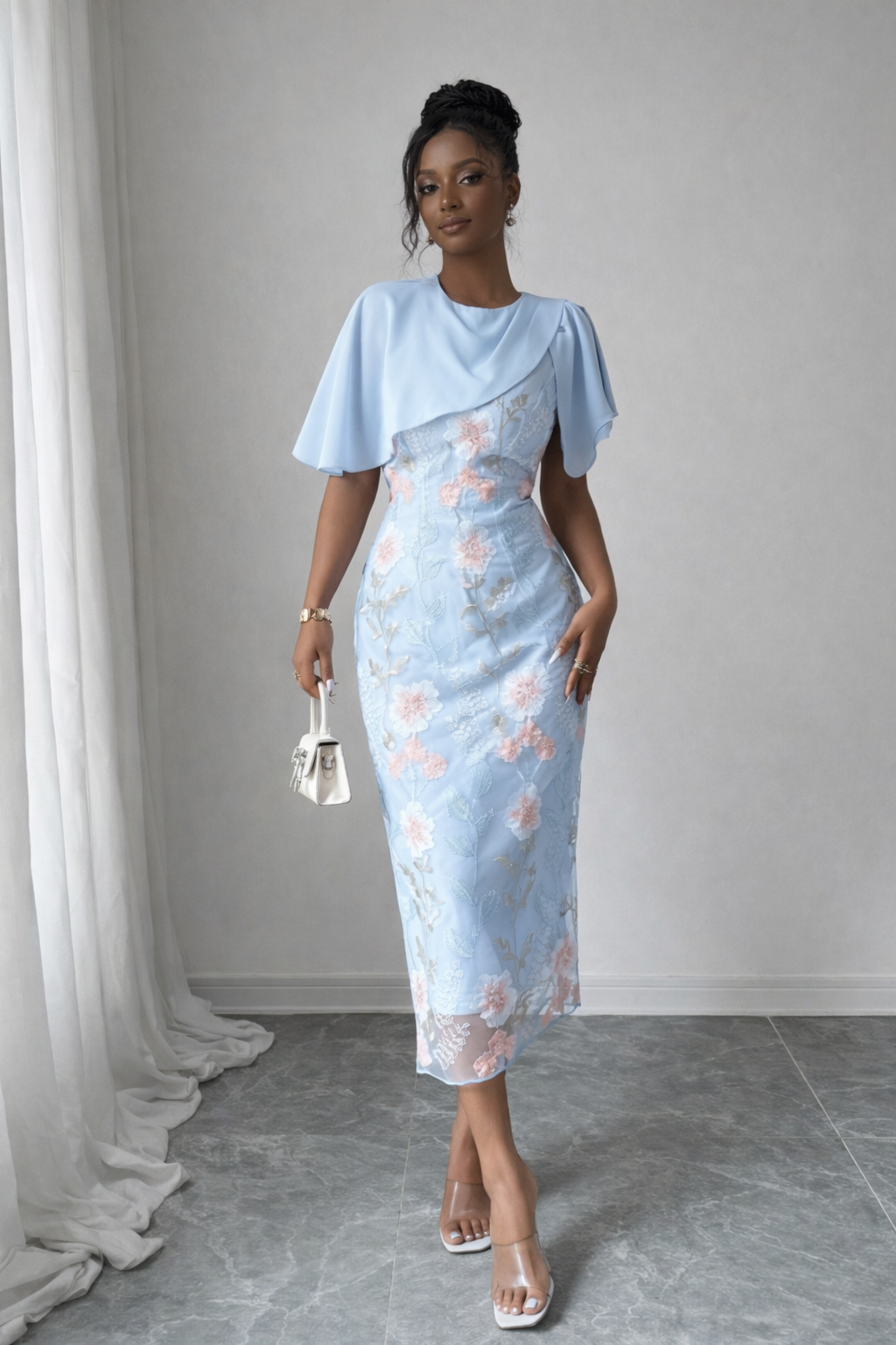 Powder Blue Floral Overlay Midi Dress