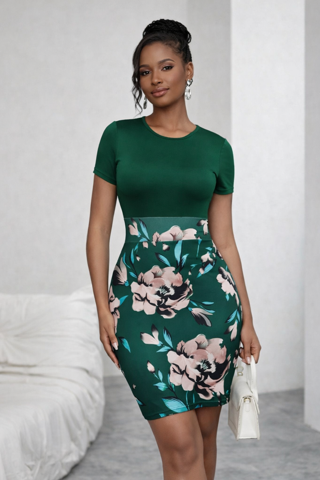 Emerald Floral Patchwork Bodycon Dress